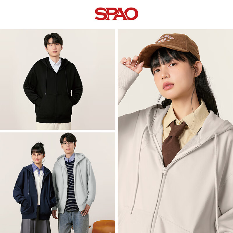 SPAO韩国同款重磅连帽卫衣开衫男女同款休闲百搭宽松外套SPWY25SS08LD 浅卡其#纯色 XL