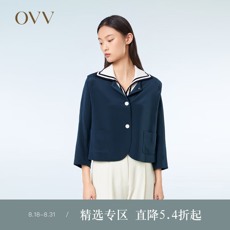 OVV2023春夏新款女装精致圆领七分袖桑蚕丝短款休闲夹克外套 藏青（净色）25 S