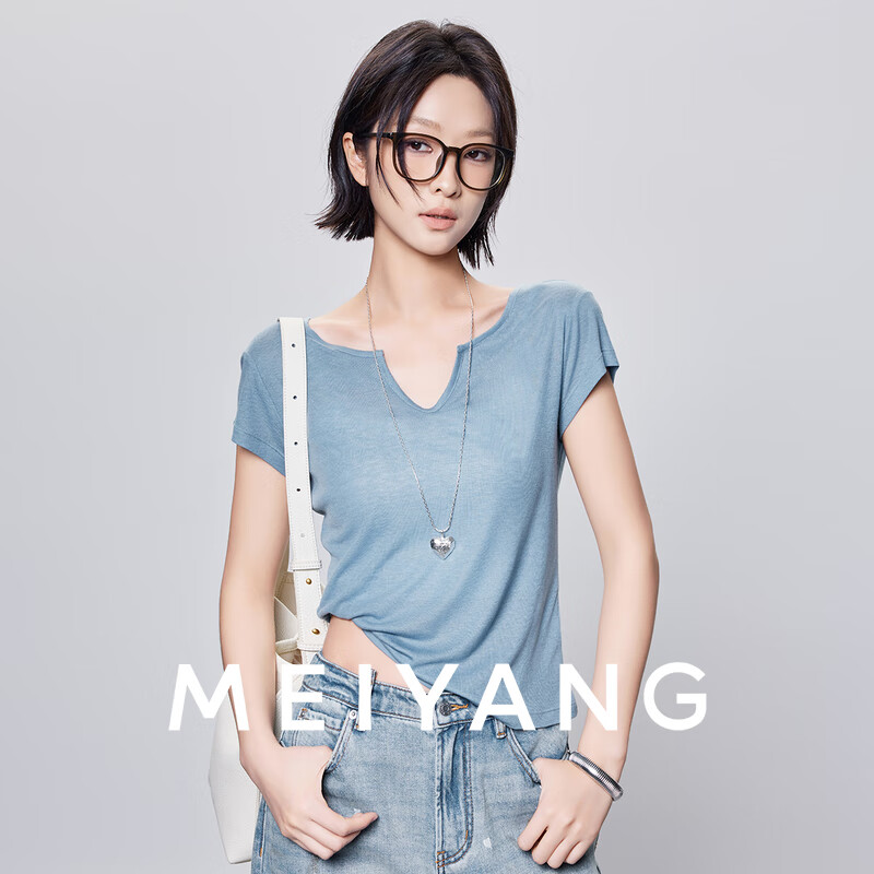 美洋（MEIYANG）拉丝T恤 天丝羊毛|简约圆V领修身短款短袖上衣 蓝色 M