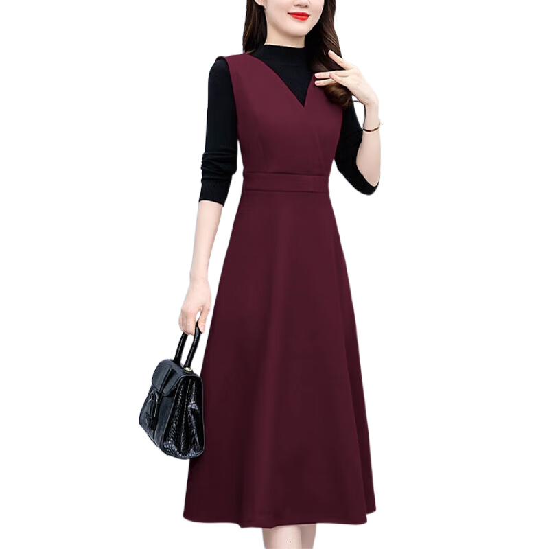 皮爾卡丹（pierre cardin）2023秋冬新款毛呢背帶套裝裙女氣質(zhì)修身顯瘦毛衣馬甲連衣裙兩件裝 酒紅 L