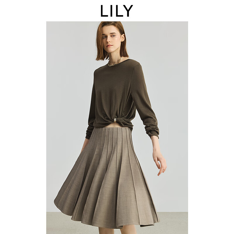 LILY澳洲100%超细美丽诺羊毛2025秋新款静奢美学圆领针织衫女短款 719栗棕 M