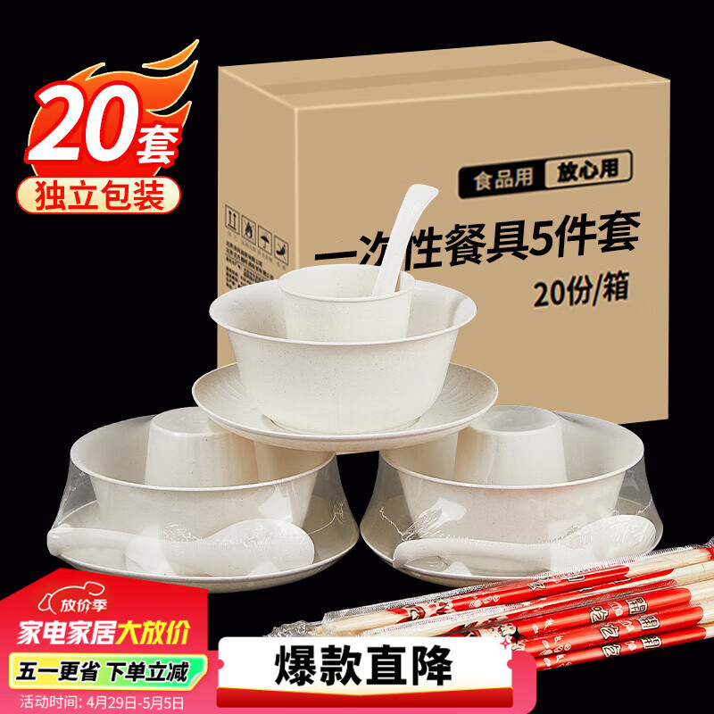 SHUANG YU一次性餐具五件套*20人份碗筷杯子盘勺套装户外野餐独立包装