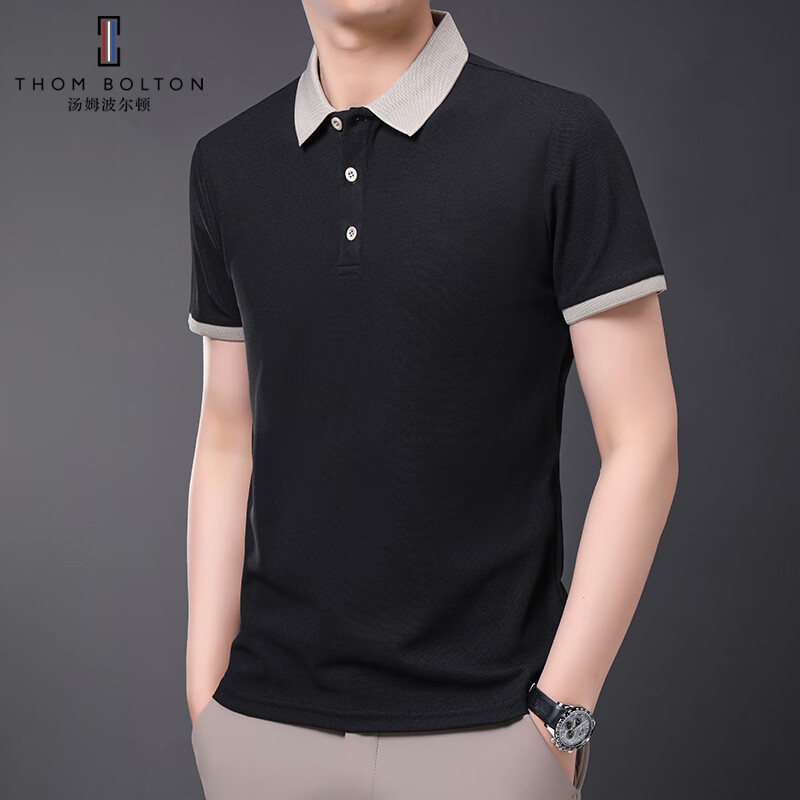 汤姆波尔顿男士商务休闲短袖POLO衫2025夏季薄款简约百搭宽松透气翻领T恤衫 黑色 M /105(建议105-120斤)
