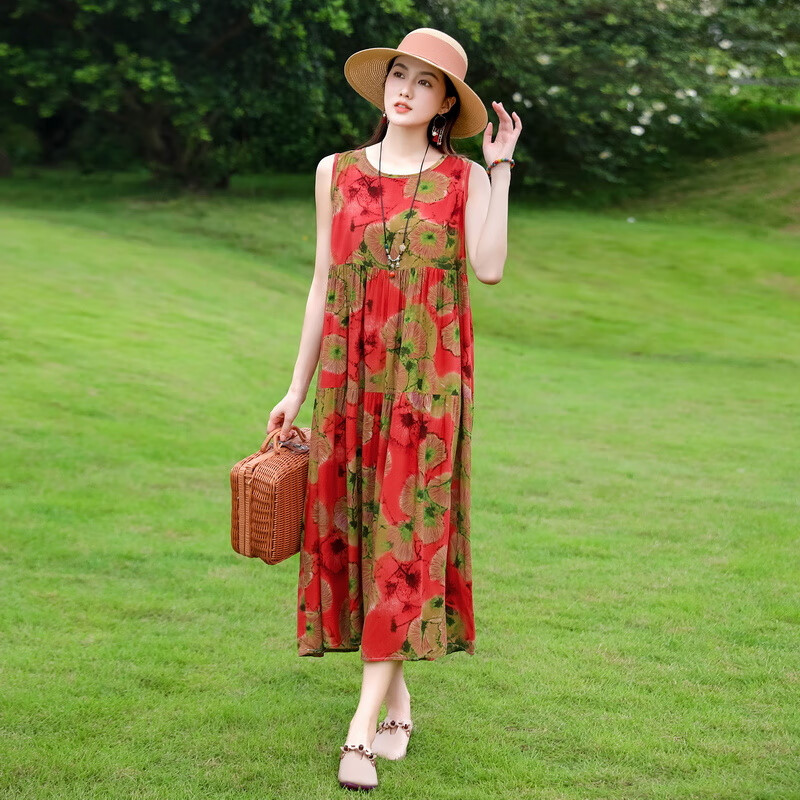 喜圣多棉綢連衣裙夏季女中長款大碼無袖寬松顯瘦媽媽碎花裙長裙 1號色 XL 【90-115斤】
