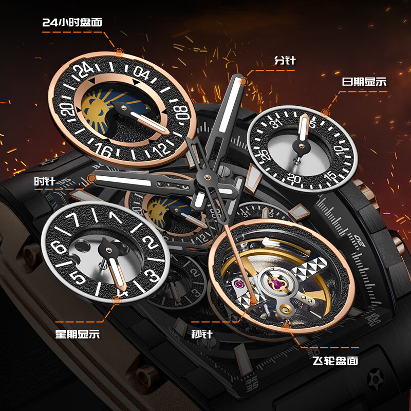 布加迪（BONEST GATTI）德国表全自动机械表镂空手表夜光男士腕表新年情人节礼物送男友 BG5005-R3黑壳黑面黑胶带