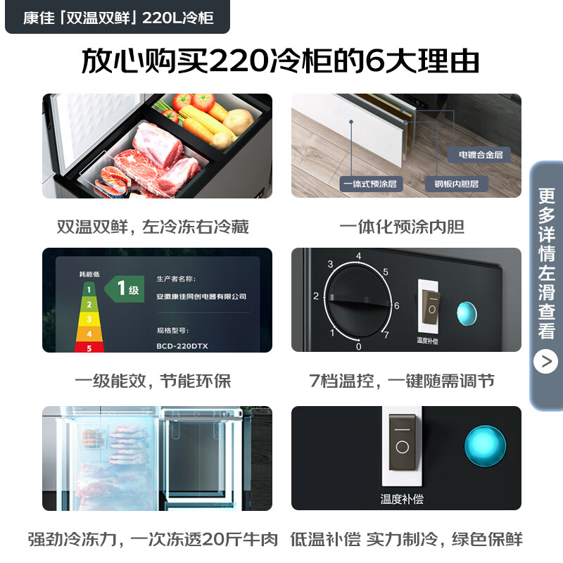 康佳(KONKA) 220升 大容量家用商用冰柜 双箱双温冷柜 顶开门 一级能效 冷藏冷冻卧式冰箱  BCD-220DZP