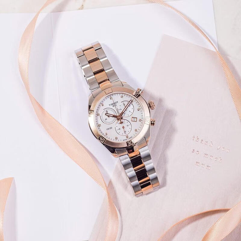 天梭（TISSOT）女士白色贝母表盘钻石三眼计时不锈钢时尚手表防水米 T1019172211600