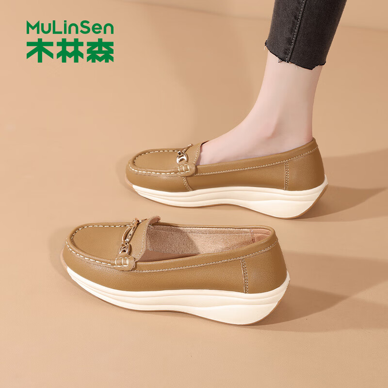木林森厚底樂(lè)福鞋女款夏季真皮一腳蹬搖搖鞋休閑淺口媽媽鞋豆豆鞋 卡其 35