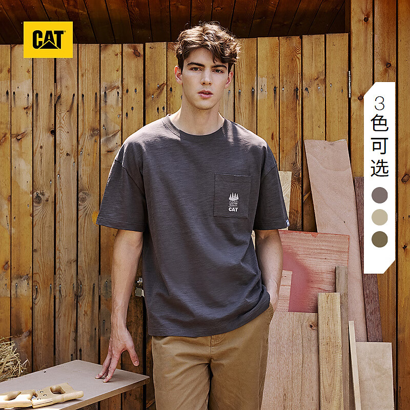 卡特（CAT）新品男士口袋刺绣标基础圆领短袖T恤 深灰色 2XL