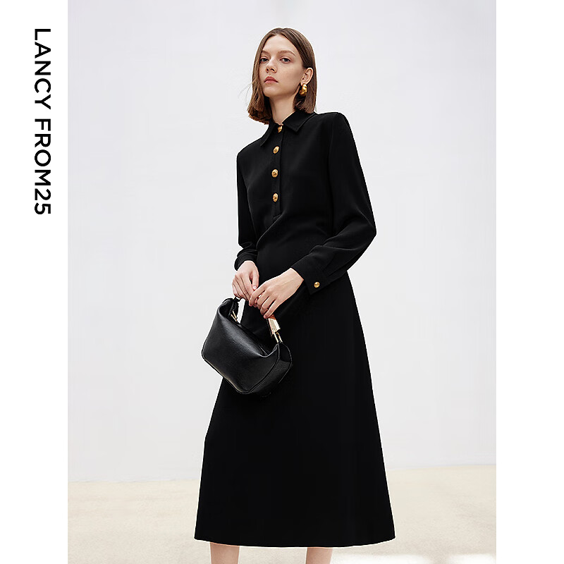 朗姿2025年秋季新款黑色长裙高级感气质法式设计感收腰衬衫连衣裙 黑色2 S