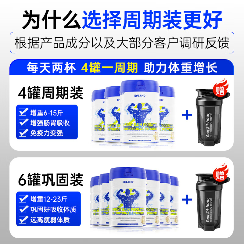 恩朗ENLANG增肥增胖快速长肉增重蛋白粉瘦人乳清蛋白增肌粉增肥营养品 6罐装+送摇摇杯【肌肉猛涨】 450g*6罐