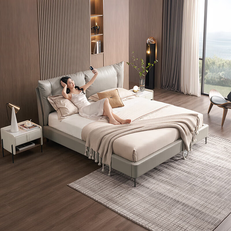 喜临门【秒杀专属】皮床头层牛皮床套餐-非质量问题不退不换 [床架]套床】浅茶色+（非卷装）床垫 1.8m*2m