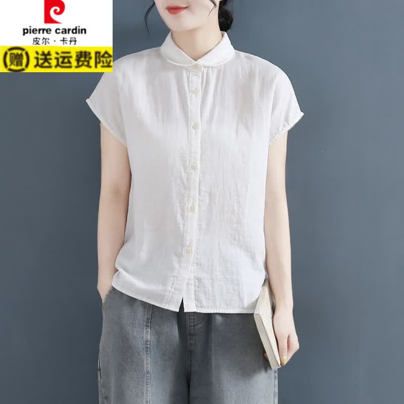 皮尔卡丹（pierre cardin）亚麻无袖衬衫女夏季新款设计感宽松短袖棉麻大码衬衣棉时尚上衣 黑色 L 建议120-140斤