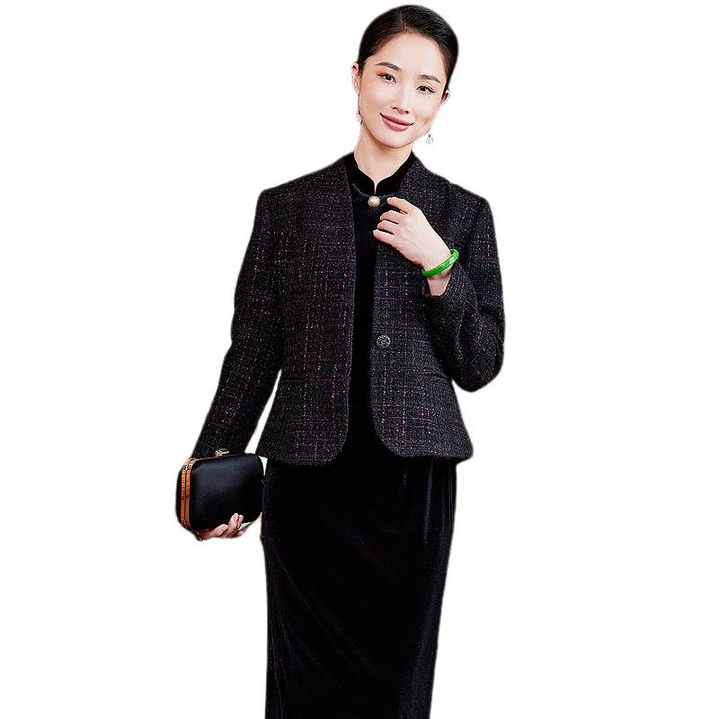 璽玥中國風(fēng)粗花呢短款中式唐裝外套簡(jiǎn)約職場(chǎng)氣質(zhì)媽媽上衣2025秋冬 黑色 2XL 體重125~135