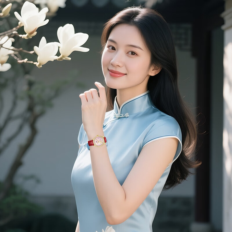 上海（SHANGHAI）牌手表女摩登玉兰系列高端机械表国表镶钻女士手表S2605 粉色贝母盘镶钻女士机械手表 新年礼物