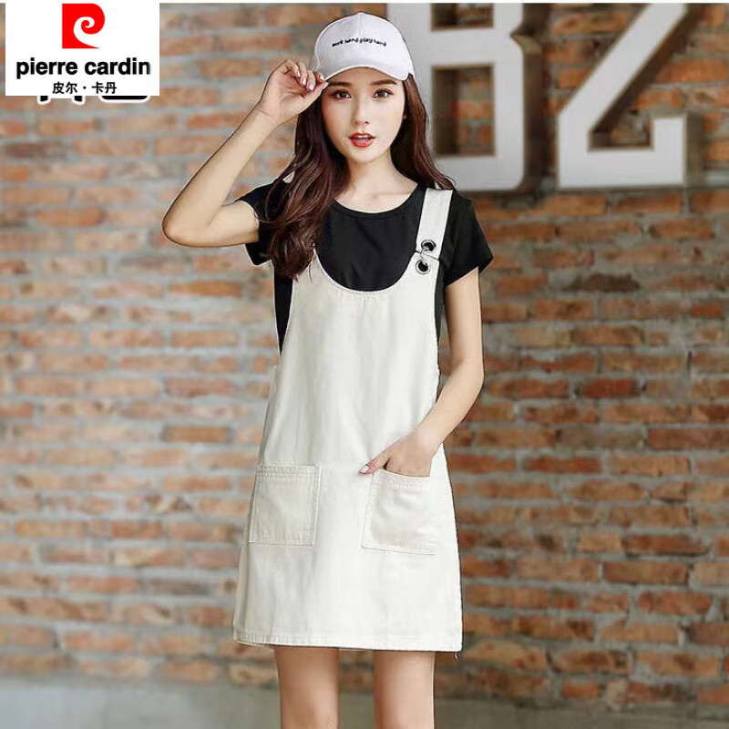 皮爾卡丹（pierre cardin）短款白色a字牛仔背帶裙套裝女2025夏季新款小個(gè)子韓版顯瘦兩件套 白色背帶裙+黑色純棉T恤 兩/件套 S 【建議75-95斤】