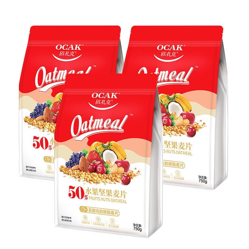 歐扎克 50%水果堅果混合麥片【750g*3袋】干吃沖飲燕麥片營(yíng)養早餐 水果堅果麥片750g*3袋 袋裝2250g