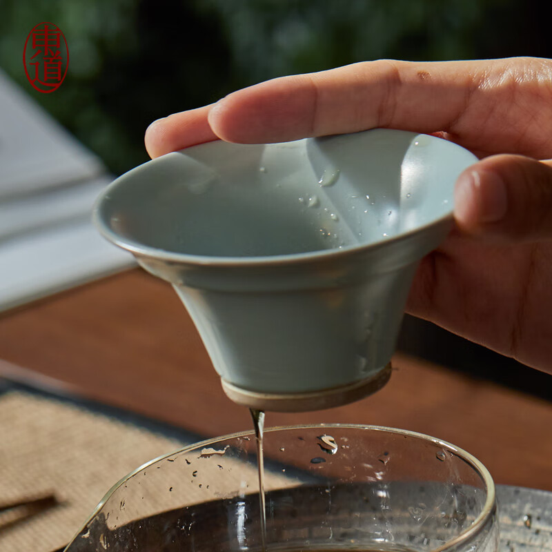東道汝窯功夫茶具茶漏過(guò)濾器開(kāi)片陶瓷茶濾茶具配件禮盒 東道汝窯小茶漏(天青)