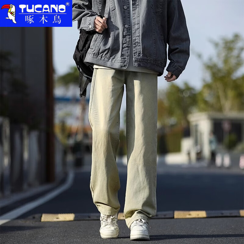 啄木鸟牛仔裤男2026春秋季潮流宽松直筒裤男青少年美式高街阔腿裤子男 黑灰色常规 XL 建议130-150斤
