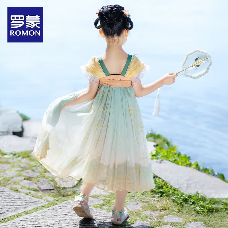 罗蒙女童汉服夏季款2026款儿童中国风原创齐胸襦裙唐装毕业演出服 HQ1200 锦缎绿襦裙 110