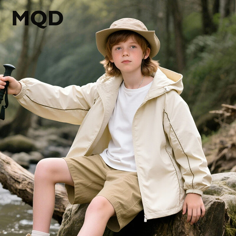 马骑顿（MQD）男大童夏新款户外连帽撞色防晒外套 米白 150