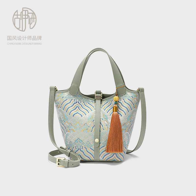 古伊西新中式非遗中国风女包流苏手提包水桶包菜篮子包子母包单肩斜挎包 玉鈫蓝-海水江崖纹-送礼品袋