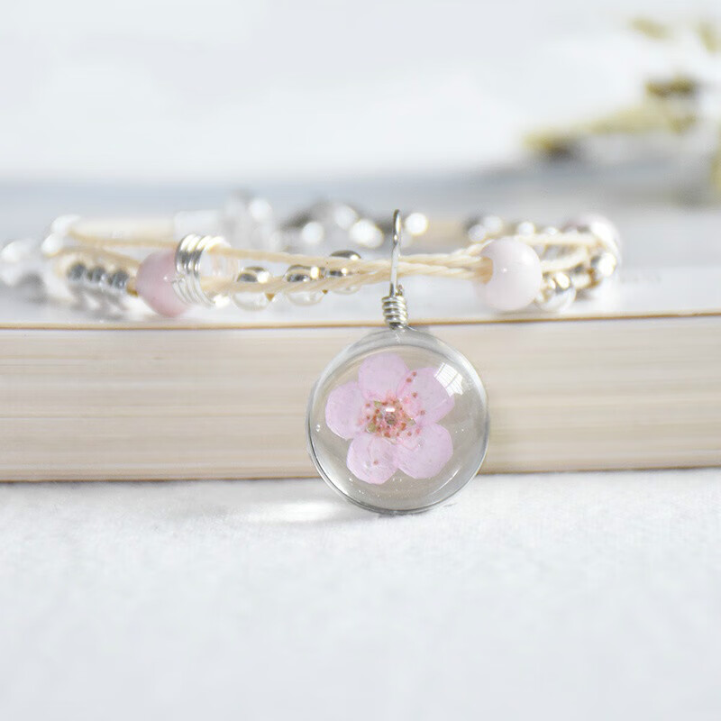 诗筠十里桃花干花植物标本满天星球手链女学生小清新饰品粉色桃花单花