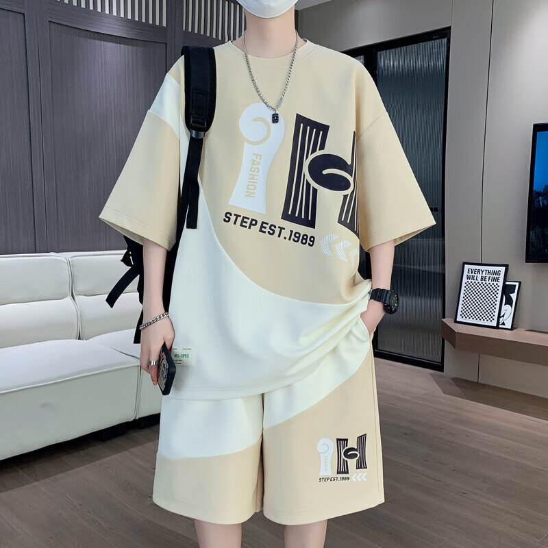 夏季短袖短裤套装男大码宽松夏装男士休闲男装穿搭一套运动两件潮 #TZ204短袖套装黑色 XL