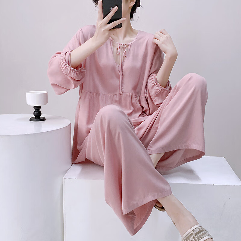 秦暖绵绸女士睡衣夏夏新款女棉绸长袖加大码甜美套装夏夏季薄款家居服 MZS-2709粉色 L (80-115斤)