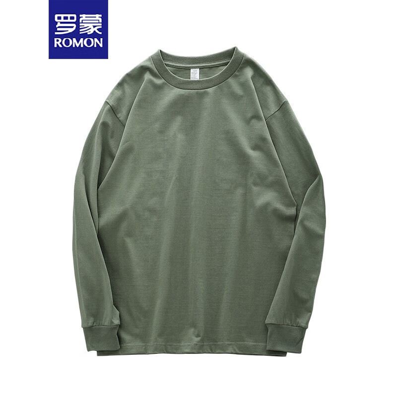 罗蒙（ROMON）260g重磅长袖t恤男纯棉厚实宽松纯色白色春秋卫衣日系圆领打底衫 抹茶绿 M 120-140斤