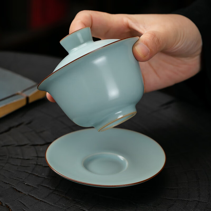 京峰阁 茶具三才盖碗 汝窑圆满高端泡茶碗开片可养蝉翼纹乔迁送礼三件套 圆满盖碗（天青）