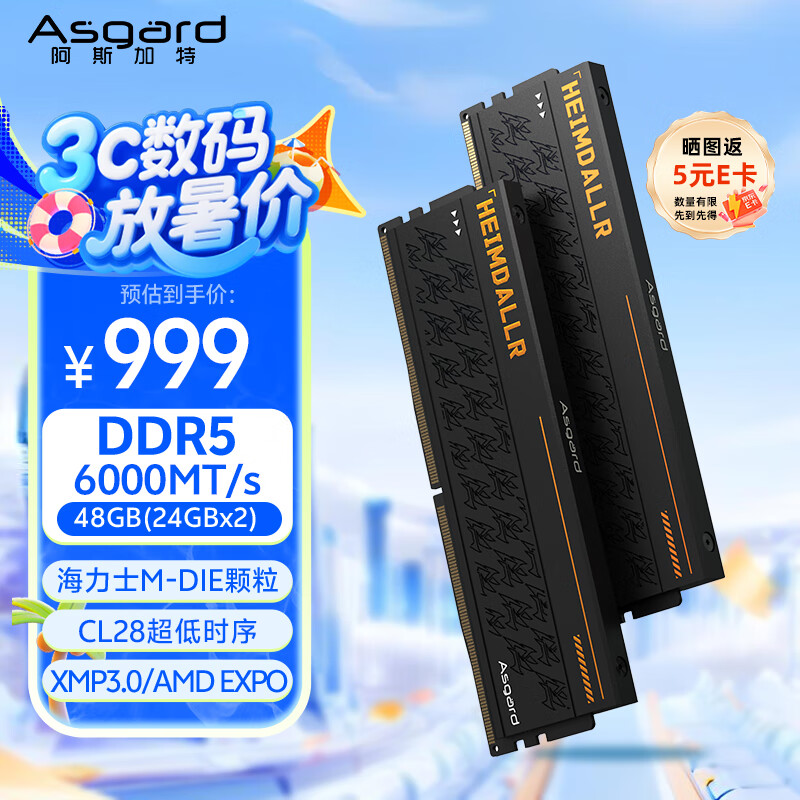 阿斯加特（Asgard）48GB(24GBx2) DDR5 6000 台式机内存条 海姆达尔 马甲条 海力士M-die CL28 黑厚甲