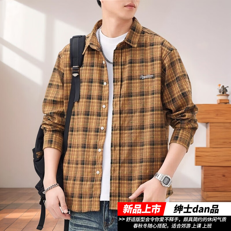 磨毛长袖衬衫格子美式重磅休闲风大码青年上衣秋冬加绒工装外套男 绿色 D327 2XL 建议161-175斤
