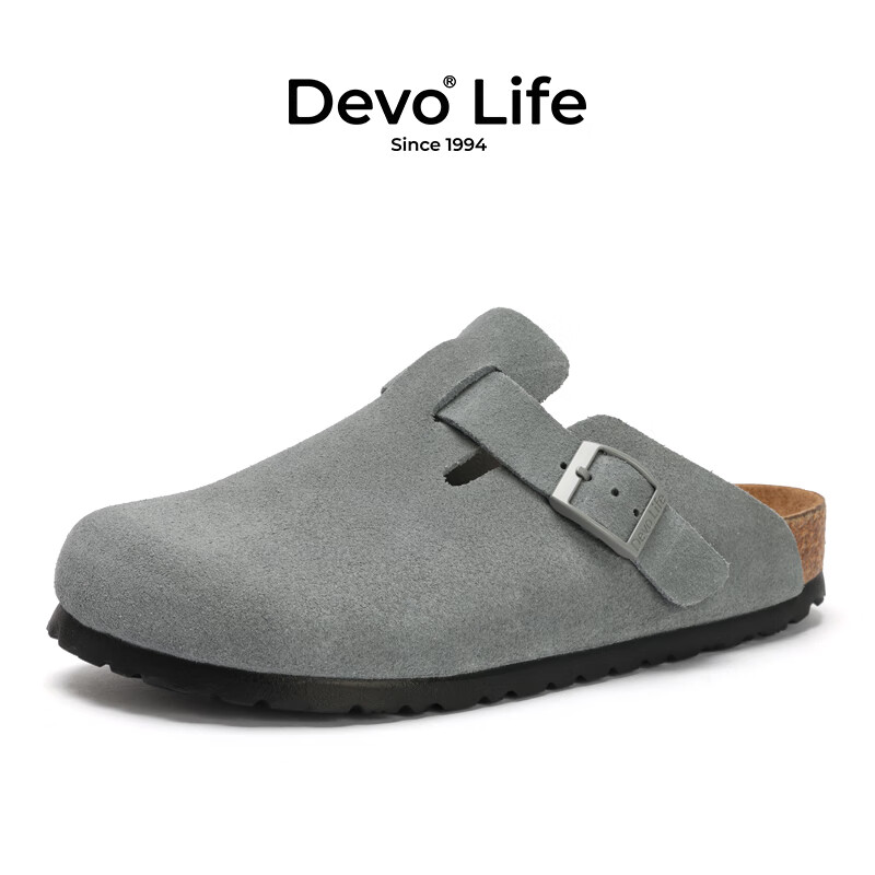 Devo软木鞋男女时尚包头鞋勃肯拖鞋新品休闲外穿拖鞋3624 青石灰反绒皮 35 （建议拍小一码）