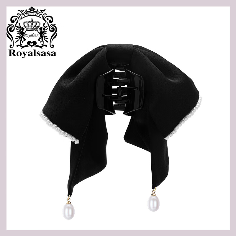 Royal sasa莎莎法式緞面黑色大蝴蝶結發(fā)夾輕奢珍珠飄帶馬尾抓夾發(fā)抓發(fā)卡