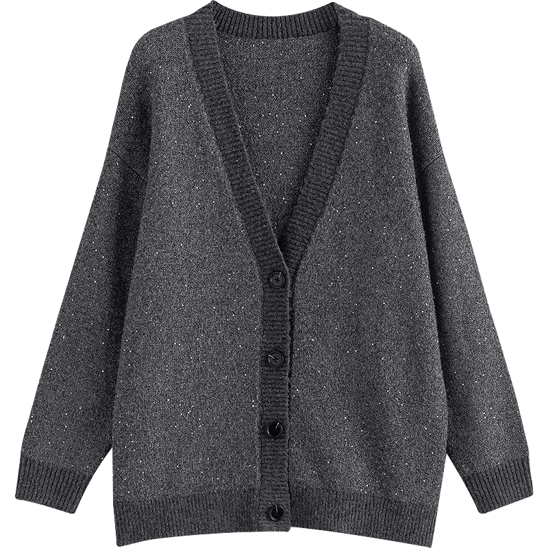 初語(yǔ)毛衣外套女2025秋季新款V領(lǐng)復(fù)古煙灰色仿牛絨開(kāi)衫珠片開(kāi)衫 煙灰色 S