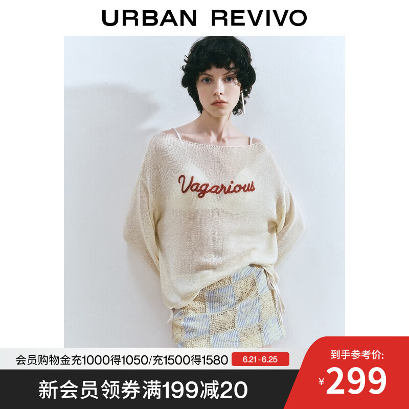UR2025夏季新款女装慵懒休闲一字领字母长袖针织衫UYL950079 米白 L