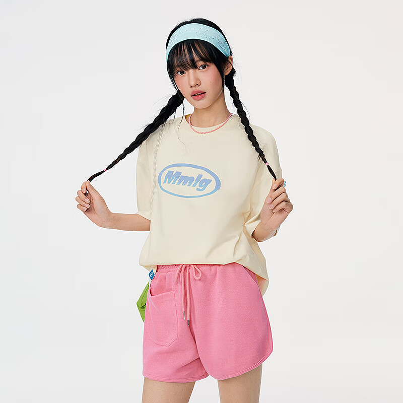 Mmlg 7A抗菌 87 mm 纯棉短袖T恤女夏季新款基础圆领半袖情侣上衣 米色 L
