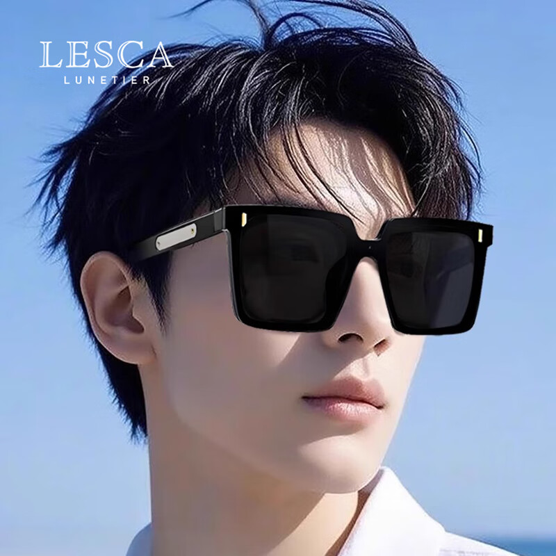 LESCA LUNETIER简约方形偏光墨镜新潮男款防紫外线太阳镜女款 升级偏光 亮黑色