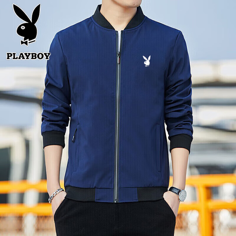 花花公子（PLAYBOY）夾克男外套上衣秋冬季新款中青年時(shí)尚百搭立領(lǐng)春秋休閑服 藍(lán)色 常規(guī) 4XL （170斤-190斤）