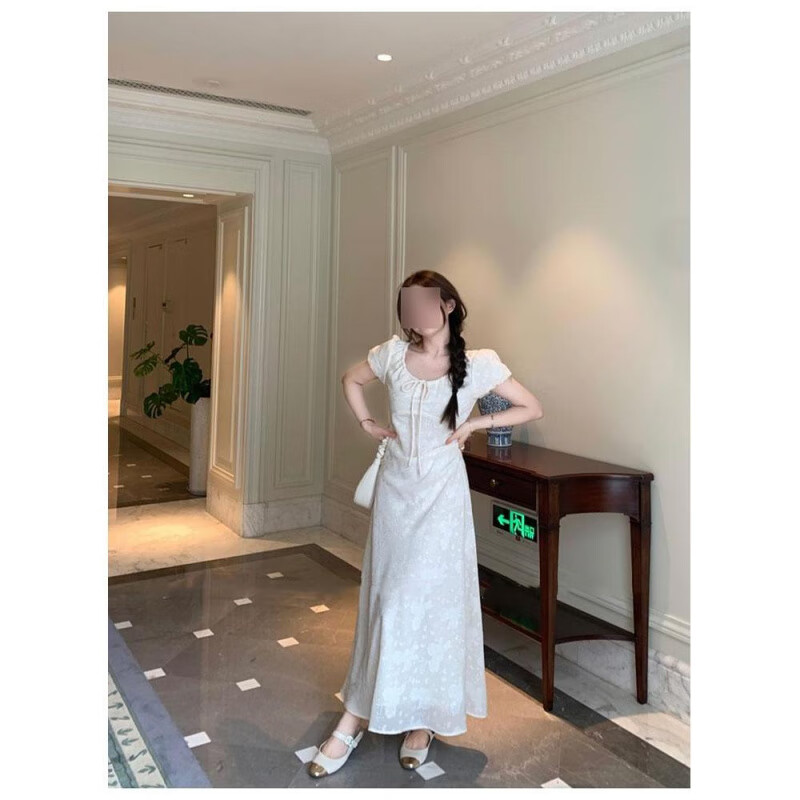 ZIPJBX白色泡泡袖碎花连衣裙子女夏季优雅小个子感收腰显瘦长裙 连衣裙 S -(90斤内可穿)