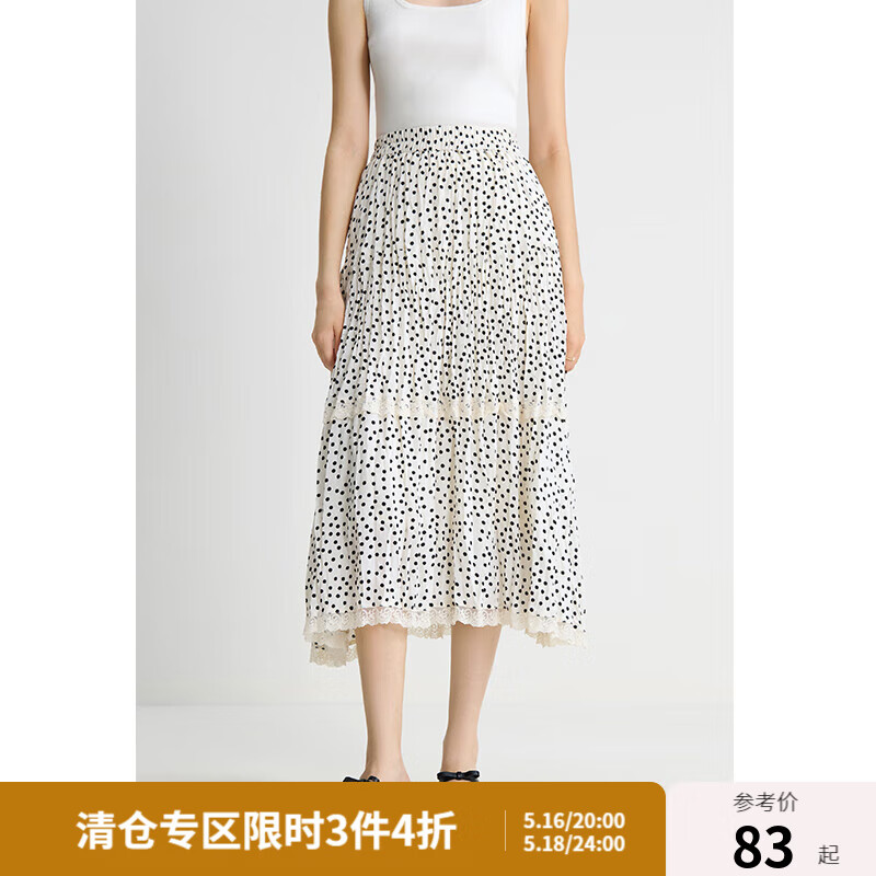 独束大码女装复古波点褶皱半身裙2024夏季新款蕾丝拼接高腰裙子 米底波点 L (尺码：2)
