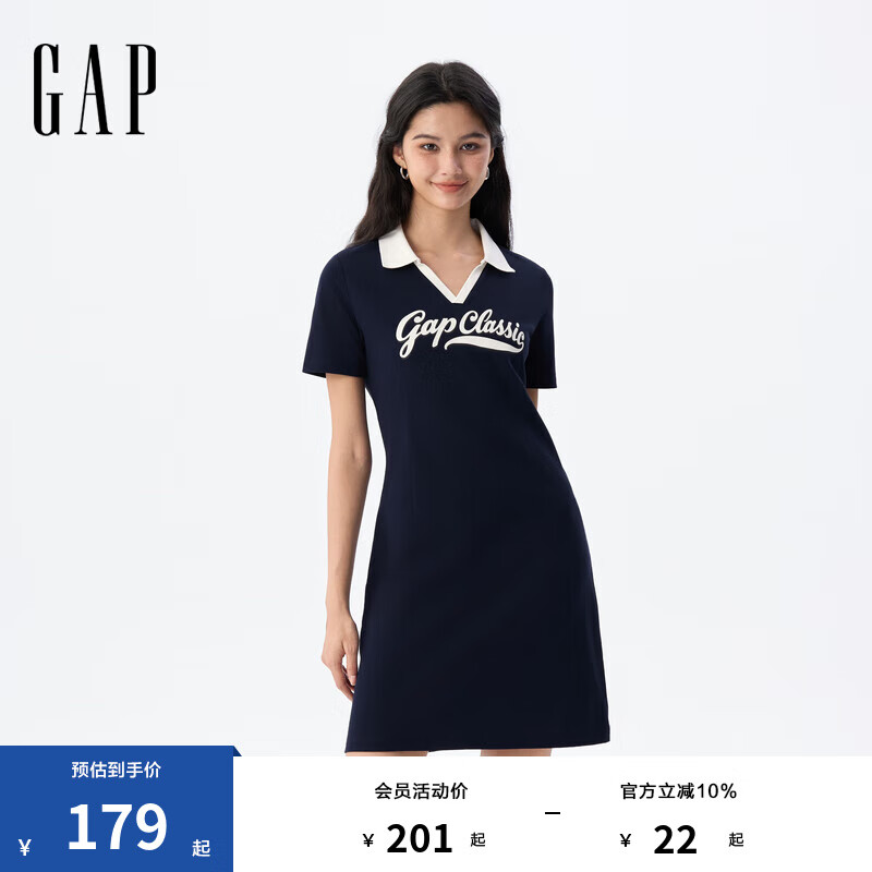 Gap女装2025夏季新款印花logo微收腰撞色polo领短袖连衣裙764905 海军蓝 M (165/84A) 亚洲尺码