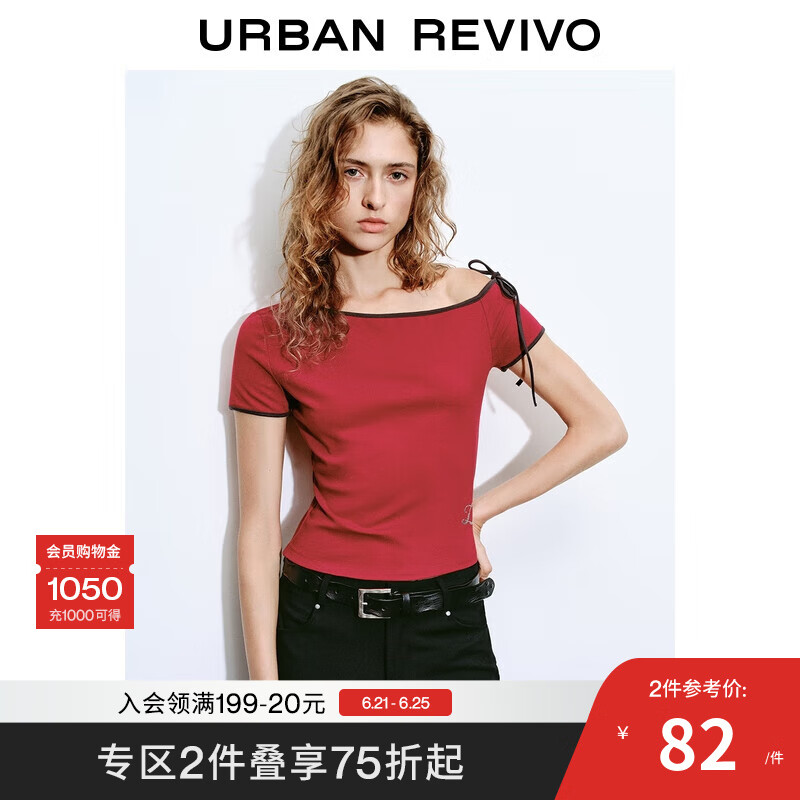 UR2025夏季新款女装时髦斜肩领系带字母短袖T恤UYV450128 大红 S