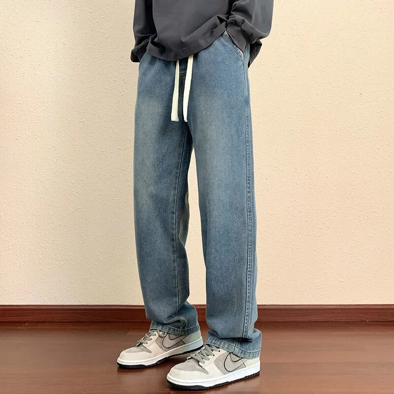 2025夏秋季宽松男士直筒牛仔裤系带简约休闲纯色男子青年耐磨日常 复古蓝+黑色 4XL 建议175-200斤