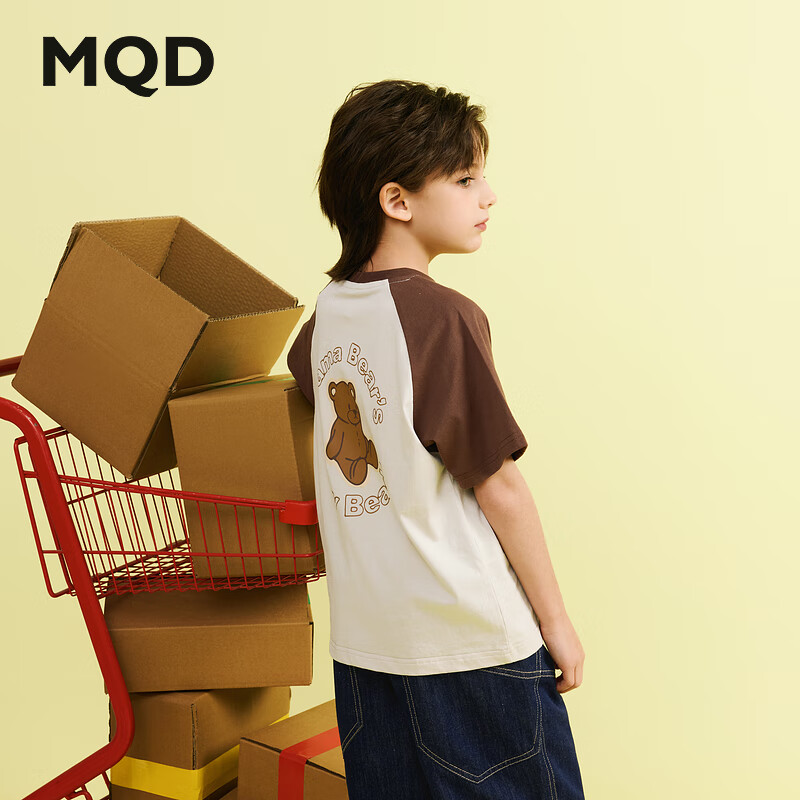 马骑顿（MQD）男大童夏季新品学院风撞色插肩袖小熊卡通亲肤短袖T恤 咖啡 150