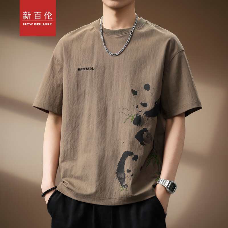 新百伦高端设计感亚麻熊猫印花短袖T恤男夏季新款宽松大码男士半袖体恤 驼色 薄款 L 码 适合130-150斤