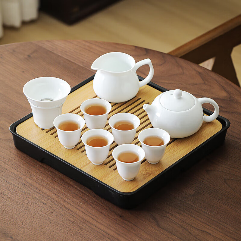 博為(BW)德化白瓷茶具套裝家用泡茶功夫茶具茶盤(pán)整套簡(jiǎn)約羊脂玉素白茶具 閩泥白瓷配竹制茶盤(pán)