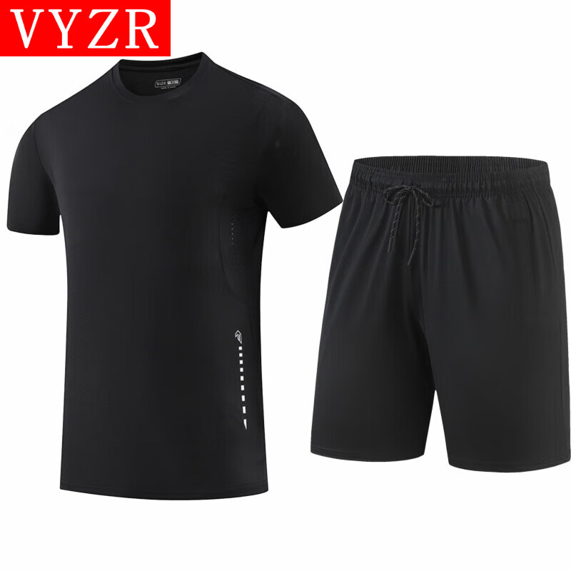 VYZR运动套装男健身跑步速干衣夏季羽毛球衣服新款骑行训练服短袖短裤 黑色+黑色 M