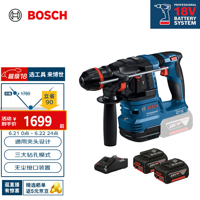 博世（BOSCH）GBH 18V-22 X 专业级锂电无刷吸尘电锤 两电一充套装